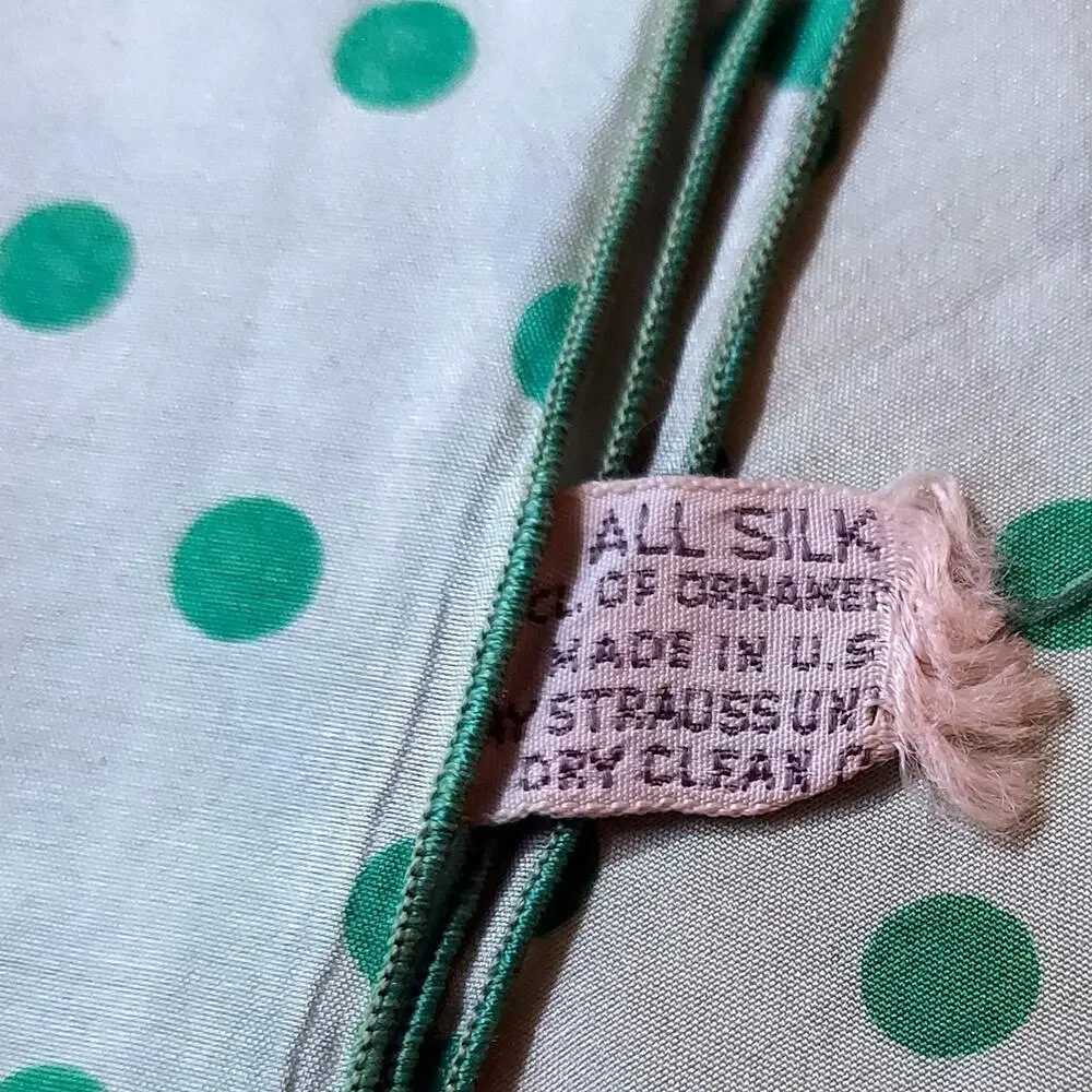 Vintage Ray Strauss Silk Polka Dot Scarf Green White Long 10.5x42 Mod - Hey Viv